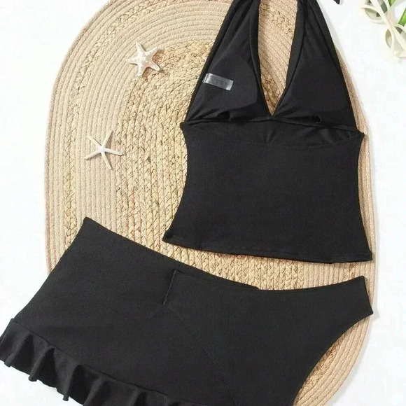 Black Elegant Women's Solid Color Halter Backless Top And Triangle Pant Tankini - Picture 6 of 8
